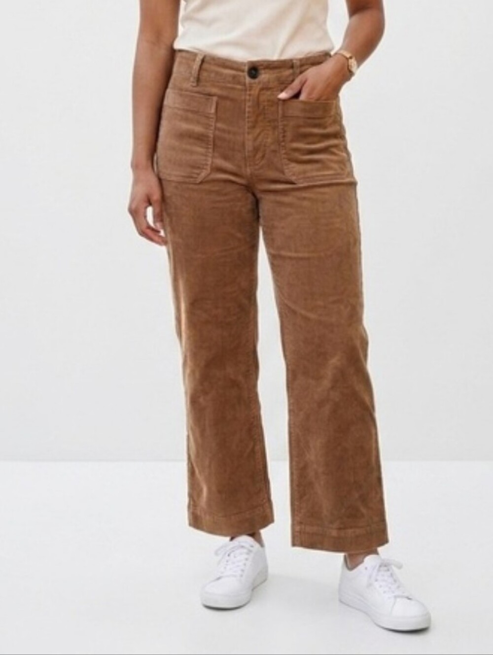 Quince Warm Brown Organic Stretch Corduroy Cropped Wide Leg Pants Size 12 - Picture 3 of 4